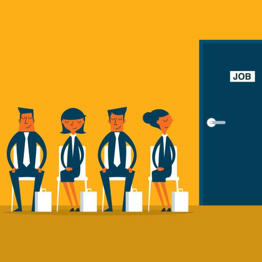Graphics picturing people waiting in line for a job interview